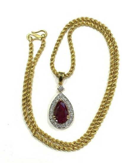 6.14 CT Natural Ruby Diamond Gold Rope Chain Necklace
