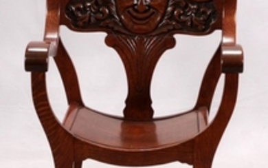 AESTHETIC MOVEMENT CARVED OAK MOON FACE CAMPAIGN CHAIR C1880 37 24 17