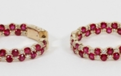 3.50CT NATURAL RUBY .55CT DIAMONDS VS2 14KT YELLOW GOLD DOUBLE ROW INSIDE OUT HOOP EARRINGS DIA TW 7.8 GR