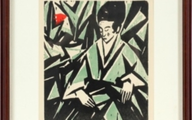 GERMAN EXPRESSIONIST STYLE COLOR WOODBLOCK PRINT C.1940 1980 14 LADY IN GREEN BLACK