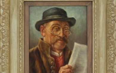 JUL RULAND GERMAN B. 1908 OIL ON ARTIST BOARD IMAGE PORTRAIT OF SWISS GENTLEMAN READING PAPER