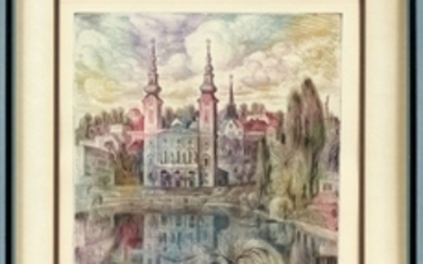 VLADIMIR SZABO HUNGARIAN 1905 1991 COLOR ETCHING PLATE 15 12 OLD WORLD CITY SCENE WITH FIGURES