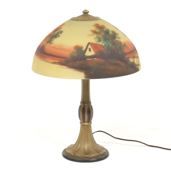 Jefferson Signed Reverse Painted Glass Scenic Lamp with Patinated Metal Base