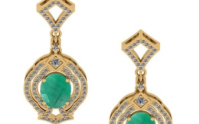 6.20 Ctw VS/SI1 Emerald And Diamond 14K Yellow Gold Dangling Earrings (ALL DIAMOND ARE LAB GROWN )