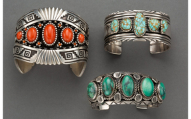 Three Navajo Cuff Bracelets c. 1990 silver, turquoise,...