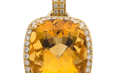 Diamond, Citrine, Gold Pendant-Enhancer The pendant features a cushion-shaped...