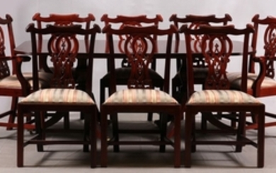 HENREDON MAHOGANY DUNCAN PHYFE STYLE DINING TABLE AND CHINESE CHIPPENDALE STYLE CHAIRS 29