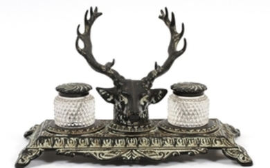 STAG HEAD CAST IRON DOUBLE INKWELL 10