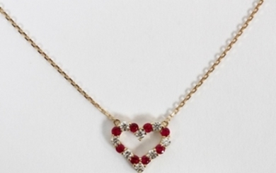 0.40CT NATURAL DIAMOND VS2 0.65CT RUBY 14KT YELLOW GOLD OPEN HEART NECKLACE 16.5 TW. 3.2 GR.