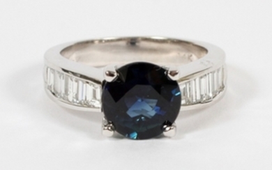 4.09CT NO HEAT SAPPHIRE 1.04CT. BAGUETTE DIAMOND VS2 14KT WHITE GOLD RING SIZE 7.75 GIA AIGS REPORT TW 6.4 GR