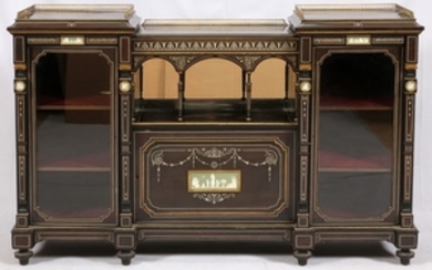 ENGLISH EBONIZED CURIO WEDGWOOD AND MOTHER OF PEARL INLAID CREDENZA 19TH C. 45 70