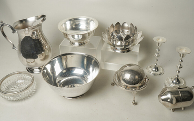 (9) Silverplate Bowls, Pitcher, Candlesticks and Table Items