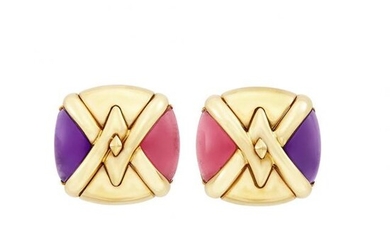 Pair of Gold and Cabochon Amethyst and Pink Tourmaline Earclips, Bulgari