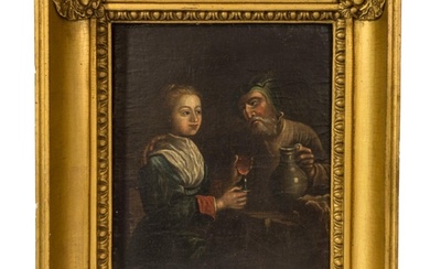 A 18TH CENTURY TAVERN SCENE OIL PAINTING ON CANVAS, mounted ...