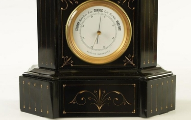 A 19TH CENTURY BLACK SLATE MANTEL CLOCK/BAROMETER
