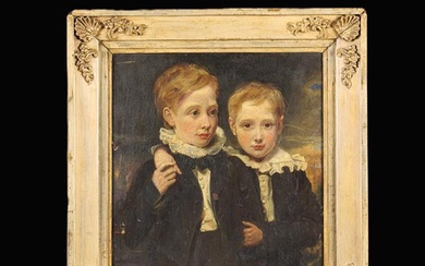 A 19th Century Oil on Canvas: A portrait of two young boys, 14'' x 12'' (36 cm x 31 cm), in a gilt f