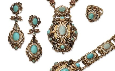 A 19th Century silver-gilt Austro-Hungarian Parure, comprising: a necklace composed of foliate chain-link panels with cabochon turquoise collets, suspending an oval pendant with turquoise and seed pearl decoration; with matching bracelet and drop...
