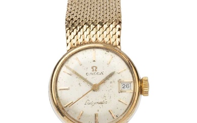 A 9ct gold Omega 'Ladymatic' automatic wristwatch, the silvered dial...