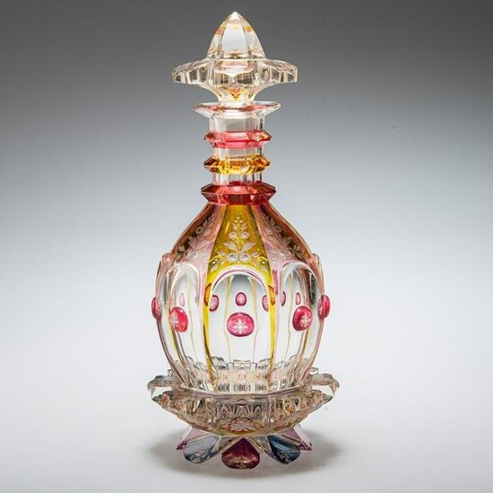 A BOHEMIAN RAINBOW FLASHED AND WHEEL-ENGRAVED DECANTER AND STOPPER