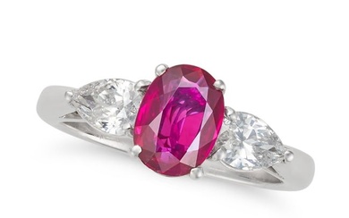 A BURMA NO HEAT RUBY AND DIAMOND THREE STONE RING set with an oval cut ruby of 1.06 carats accent...