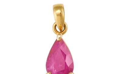 A BURMA NO HEAT RUBY PENDANT set with a pear cut ruby of 3.53 carats, stamped 14K585, 2.0cm, 1.8g.