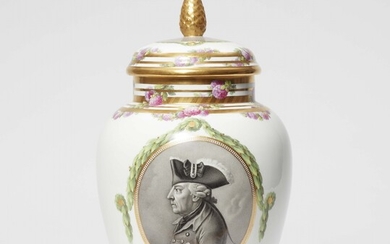 A Berlin KPM porcelain “apothekenbüchse” pot-pourri vase with a portrait of Friedrich II
