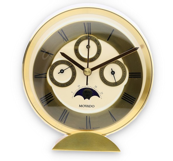 A Brass Triple Calendar Table Clock with Moon Phases, Retailed by Movado