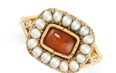 A CARNELIAN, PEARL AND DIAMOND RING in yellow gold, set
