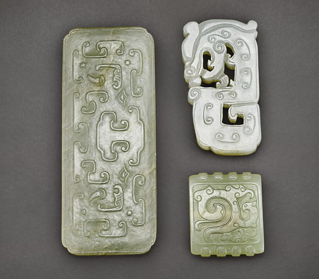 A CELADON JADE ARCHAISTIC ''TAOTIE' PLAQUE AND ORNAMENT, AND A WHITE JADE 'CHILONG' PENDANT QING DYNASTY