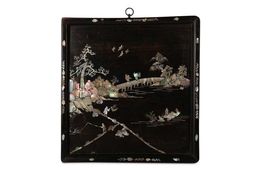 A CHINESE WOOD MOTHER OF PEARL-INLAID PANEL.