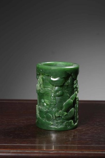 A Carved Spinach Green Jade Brush-pot
