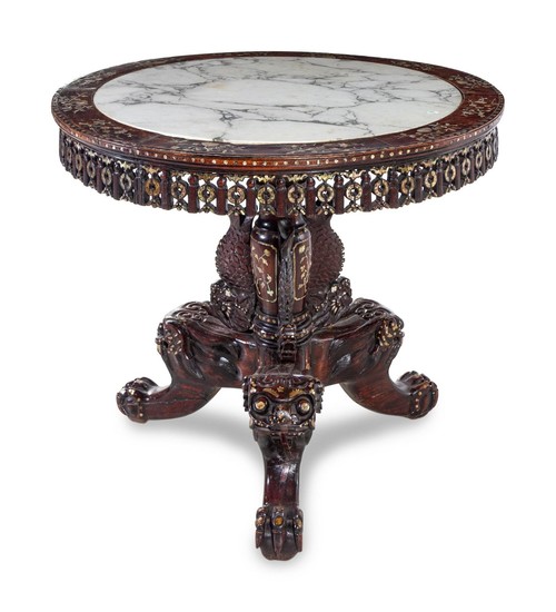 A Chinese Marble Inset and Mother-of-Pearl Inlaid Rosewood Center Table