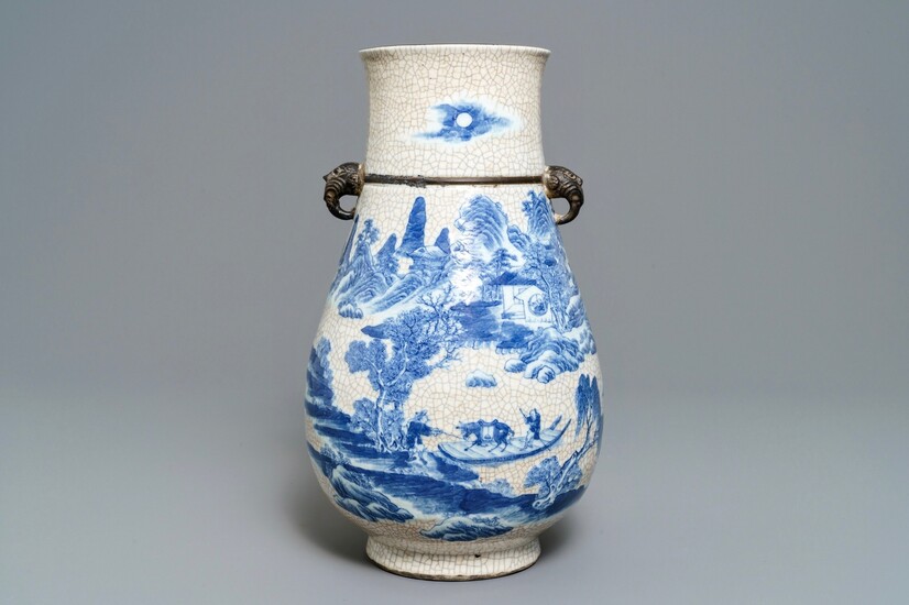 A Chinese Nanking crackle-glazed blue and white hu vase, 19th C.