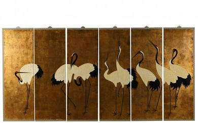 A Chinese Six Panel Screen Depicting a Dance of Cranes
