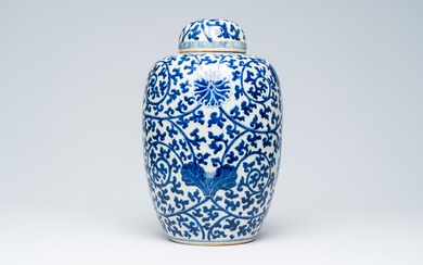 A Chinese blue and white crackle glazed 'lotus scrolls' jar and cover, Kangxi mark, 19th...