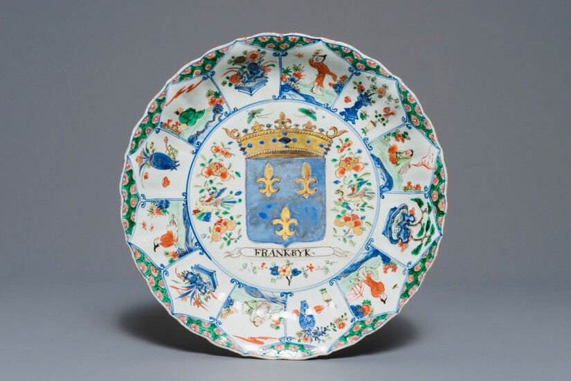 A Chinese famille verte 'Provinces' dish with the arms of France, Kangxi/Yongzheng