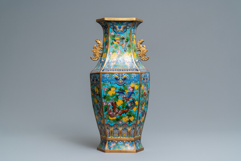 A Chinese hexagonal cloisonné 'butterfly' vase, Xuande mark, 19th C.