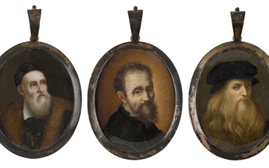 A. Corsi Lalli, Italian 1849-1937- Three portrait miniatures - Portraits of Leonardo da Vinci, Titian, and Michelangelo; miniatures, ovals, the third signed and dated 'A Corsi Lalli 1883' (right), each 6 x 4.5 cm., three (3).