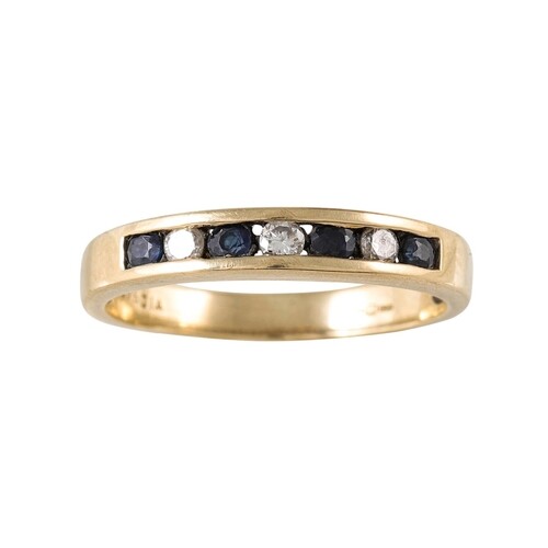 A DIAMOND AND SAPPHIRE HALF ETERNITY RING, mounted in 9ct ye...