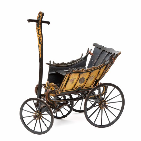 A Dutch polychrome-painted and parcel-gilt carved wood children's carriage