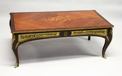 A FRENCH STYLE MAHOGANY, MARQUETRY AND ORMOLU MOUNTED