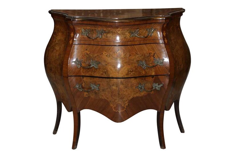 A FRENCH TASTE WALNUT AND MAHOGANY BOMBE COMMODE, IN THE LOUIS XV STYLE, 20TH CENTURY