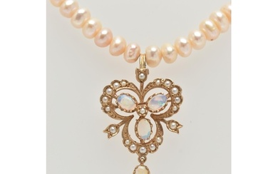 A FRESHWATER CULTURED PEARL NECKLACE WITH 9CT GOLD OPAL AND ...