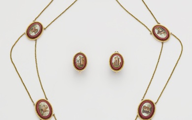 A French Neoclassical 18k gold demiparure with Roman micromosaics depicting ancient Roman ruins.