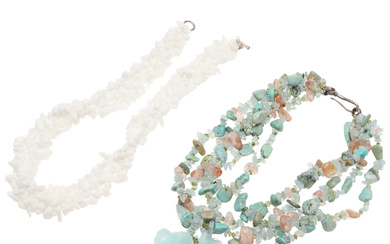 A GEM SET AND JADE NECKLACE AND A WHITE STONE NECKLACE.