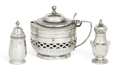 A Georgian silver mustard, London, 1804, Charles Fox I, with pierced body and bright cut decoration to hinged lid, sides and foot, blue glass liner deficient, together with a silver pepper, Chester, 1907, George Leonard Allen, 7.2cm high, and a...