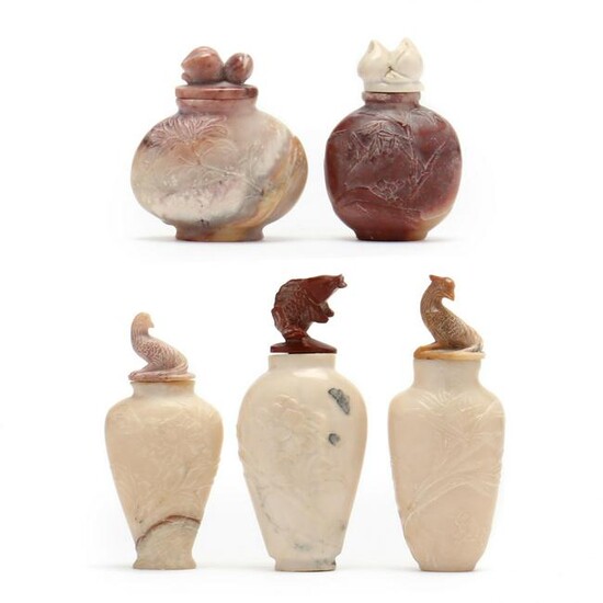 A Group of Five Carved Soapstone Snuff Bottles