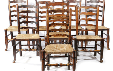 A HARLEQUIN SET OF EIGHT ASH LADDERBACK DINING CHAIRS