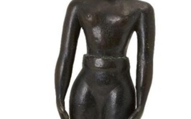 A Jain bronze figure of Tirthankara, South India, 17th century or earlier, on a flat, round base, standing with arms at his side in the tadasana pose, a serene expression on his face and with hair in tight sculpted curls, on a square wood base...