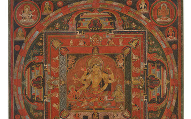 A LARGE AND RARE PAINTING OF A VASUDHARA MANDALA NEPAL, 14TH-15TH CENTURY